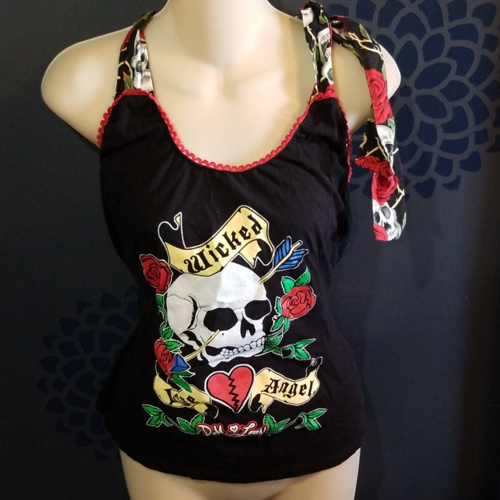 Xl womens punk rock skull halter top shirt